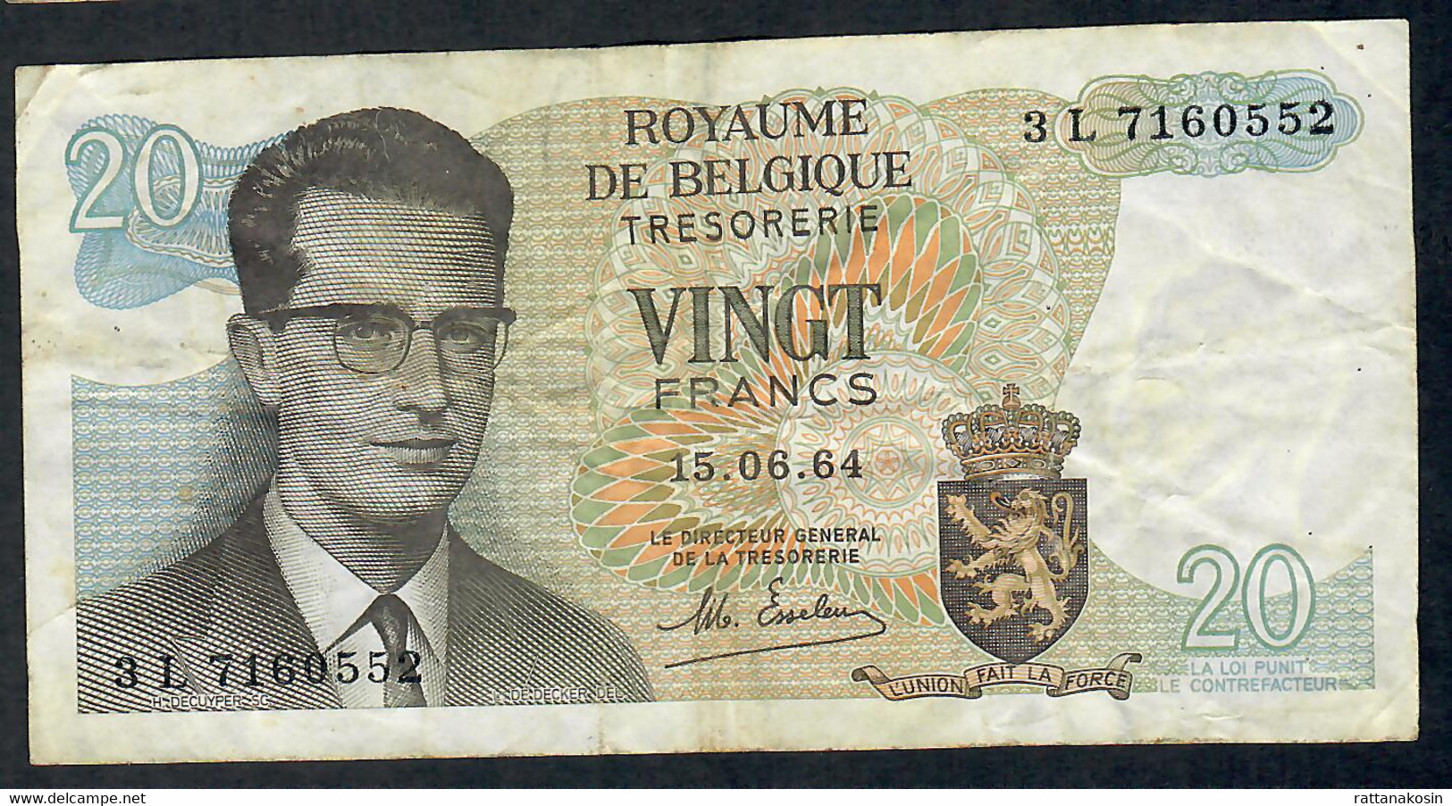 BELGIUM  P132b  20  FRANCS   15.6.1964  #3L       F-VF - 20 Francs