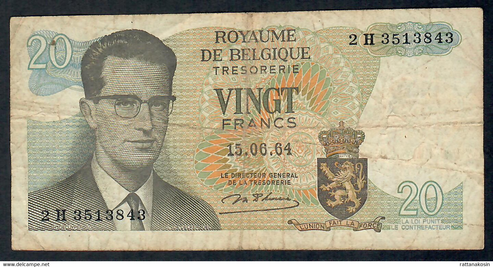 BELGIUM  P132b  20  FRANCS   15.6.1964  #2H       F-VF - 20 Francos