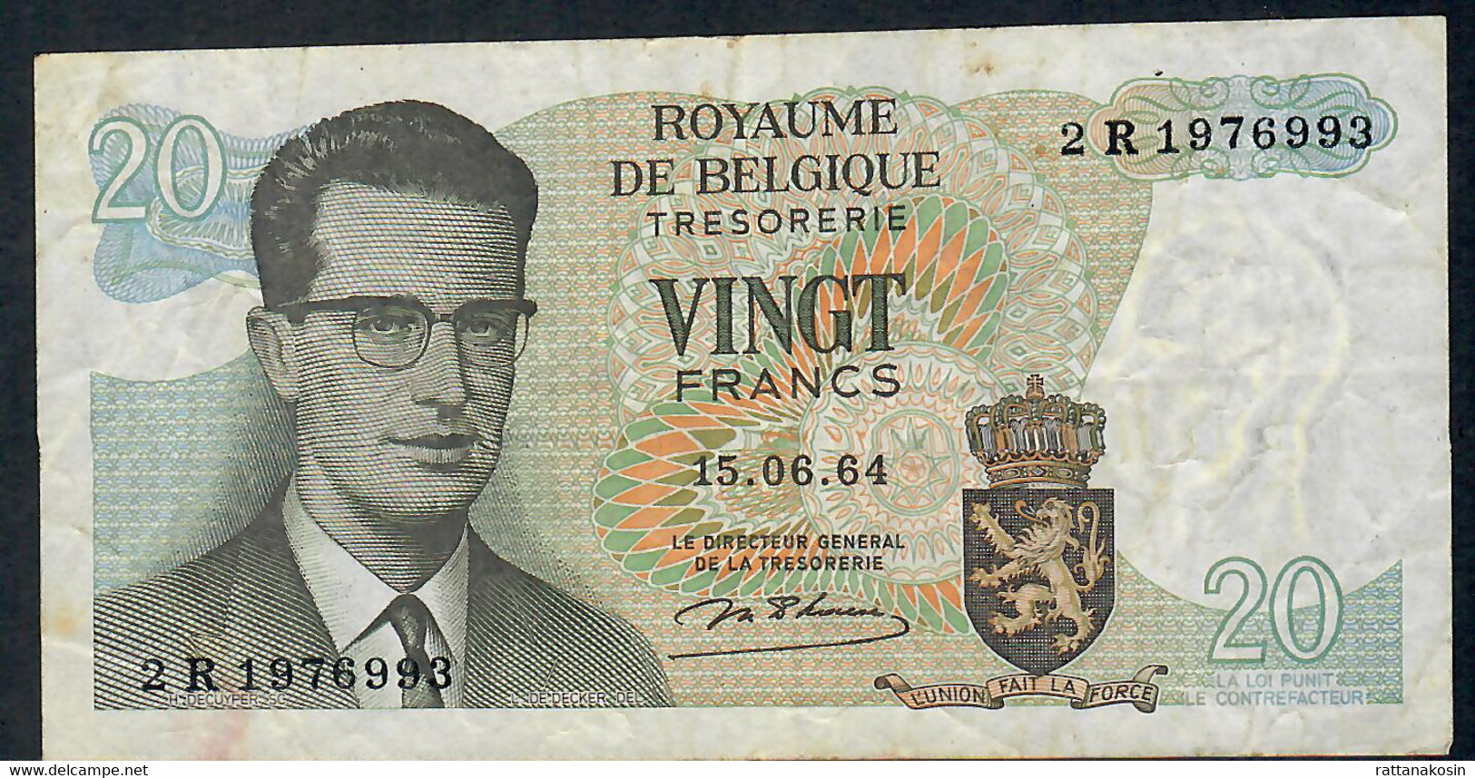 BELGIUM  P132b  20  FRANCS   15.6.1964  #2R       F-VF - 20 Francs