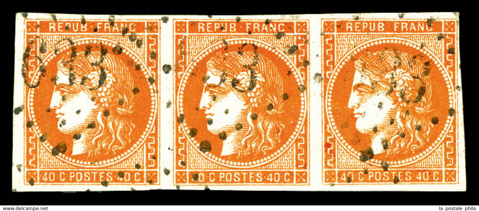 N°48, 40c Orange, Bande De 3 Horizontale Obl GC 633. TTB (signé Calves/certificat)  Qualité: O  Cote: 825 Euros - 1870 Bordeaux Printing