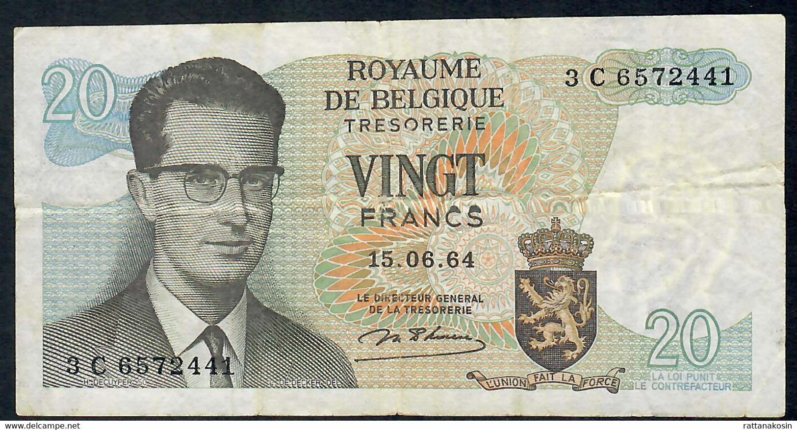 BELGIUM  P132b  20  FRANCS   15.6.1964  #3C       F-V - 20 Francs
