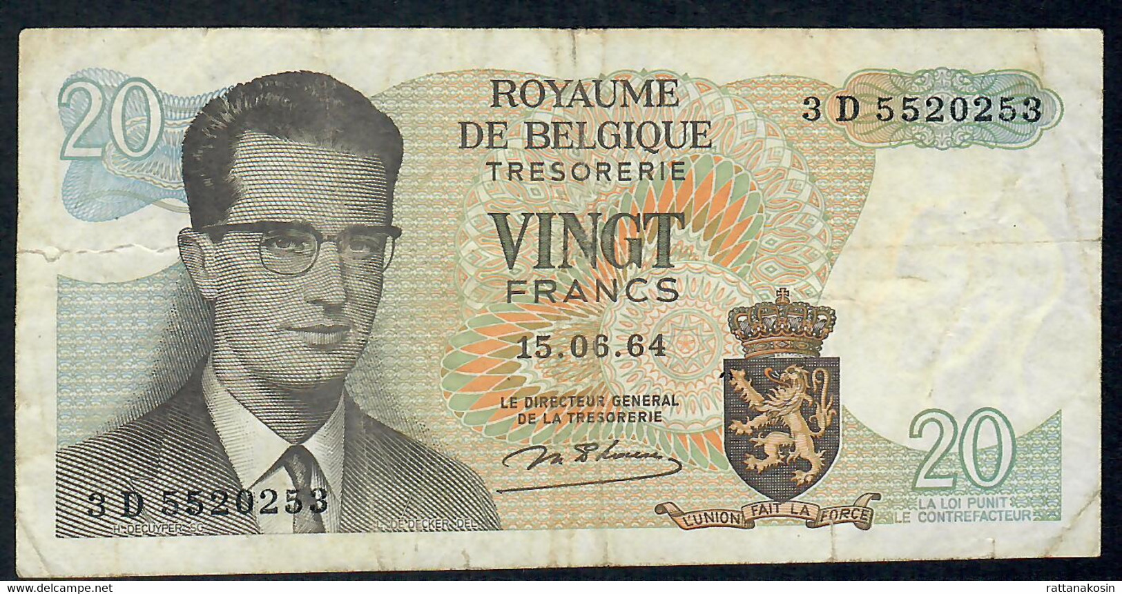 BELGIUM  P132b  20  FRANCS   15.6.1964  #3D       F-V - 20 Francs