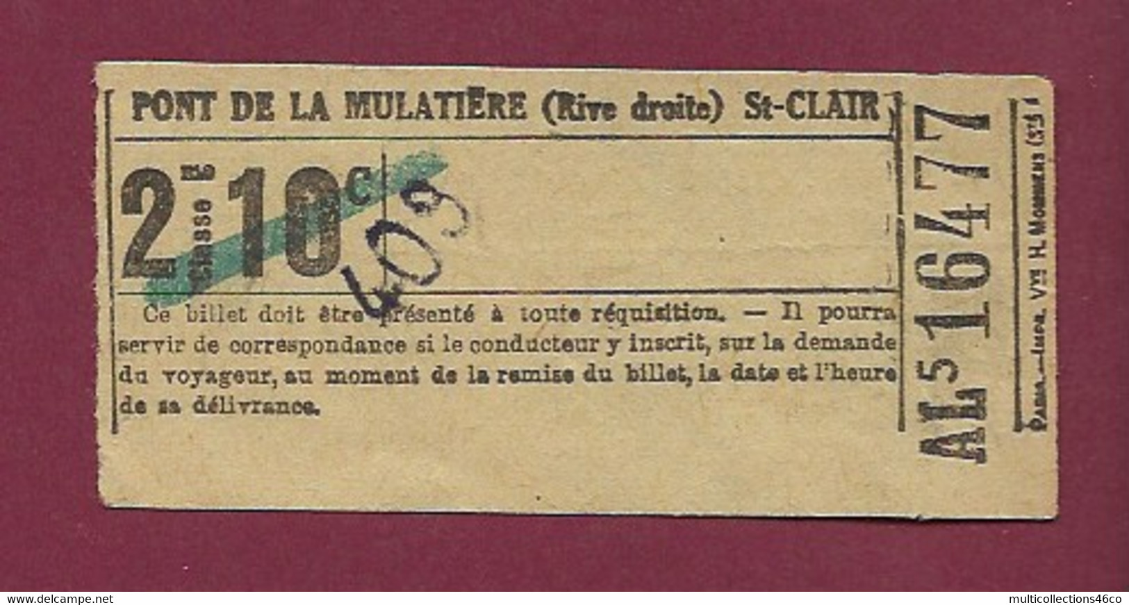 061120 - TICKET TRANSPORT TRAIN TRAM LYON - Pont De La Mulatière Rive Droite St Clair 2e Cl 10c 409 AL5 16477 - Europe