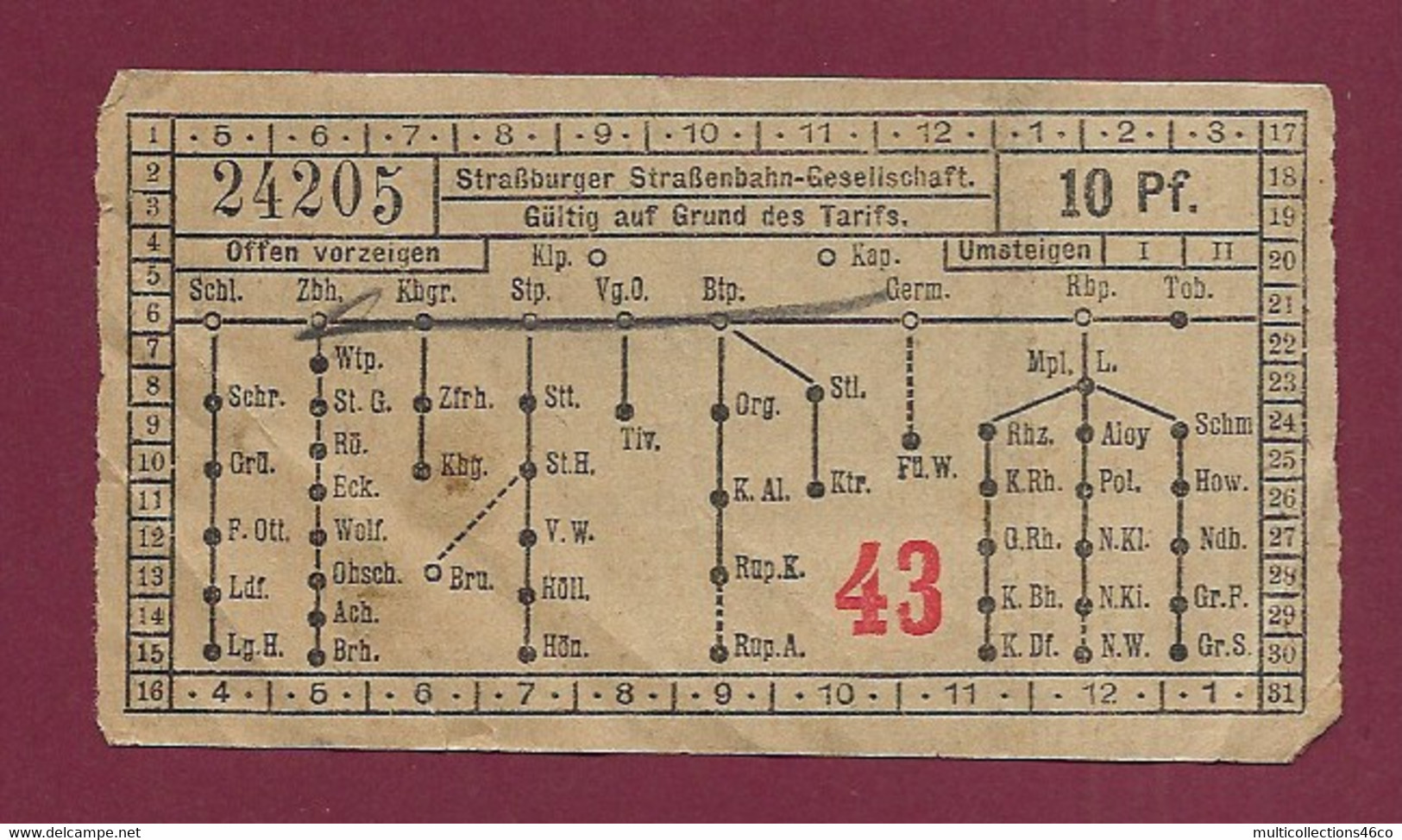 061120 - TICKET TRANSPORT TRAIN TRAM Tramways - Strasbourg 24205 10 Pf 43 - Métro ? - Pub VOGESIA Chocolat Lait L SCHAAL - Europe