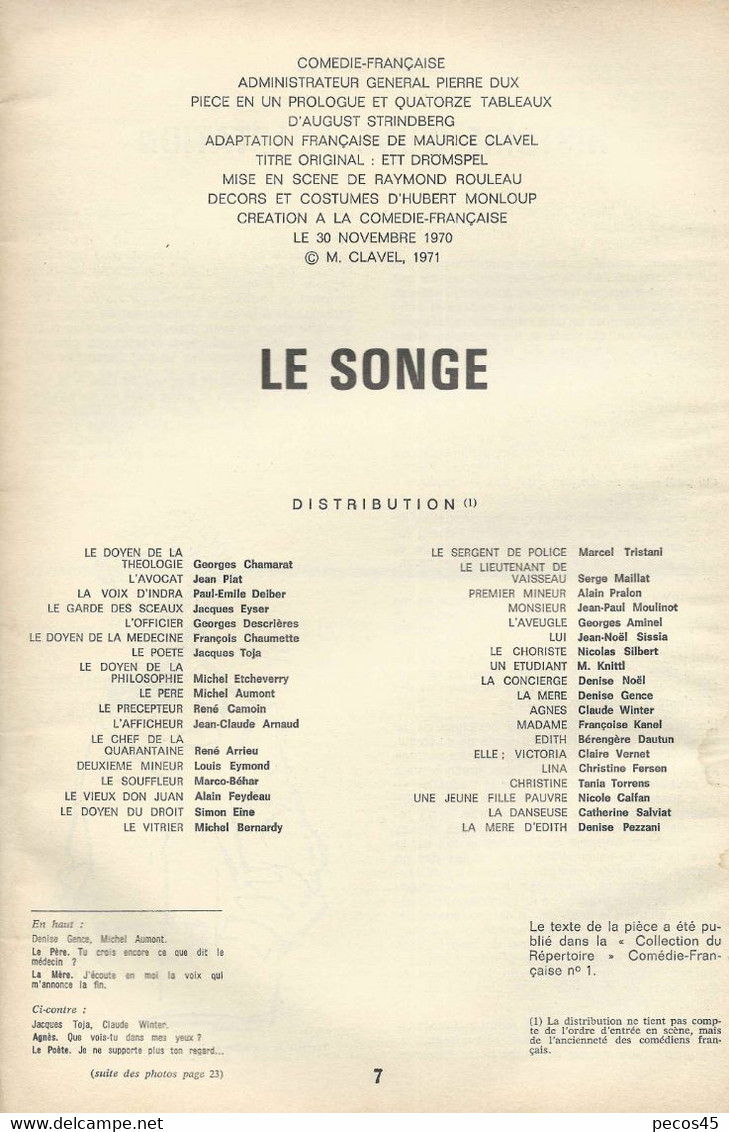 AVANT-SCENE THEATRE N° 465 : Le SONGE / STRINBERG - 1971. - Theater, Kostüme & Verkleidung