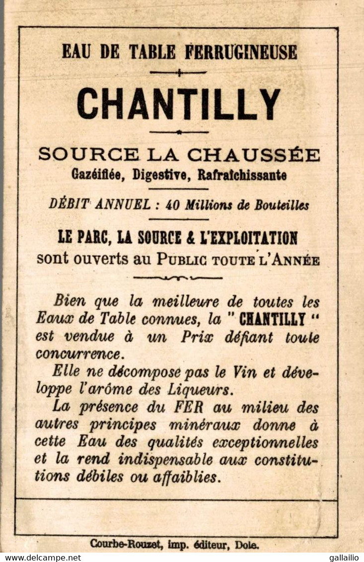 RARE CHROMO EAU DE TABLE CHANTILLY HISTOIRE SANS PAROLES EQUILIBRE ROMPU - Altri & Non Classificati