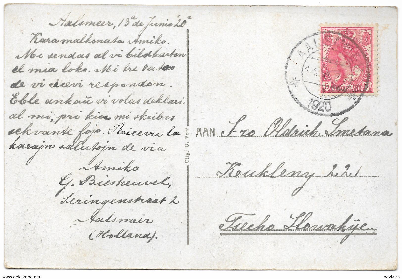 Netherlands – Aalsmeer – Weteringplantsoen – Esperanto – A Stamp Nederland Red 5 Cent – Year 1920 - Aalsmeer