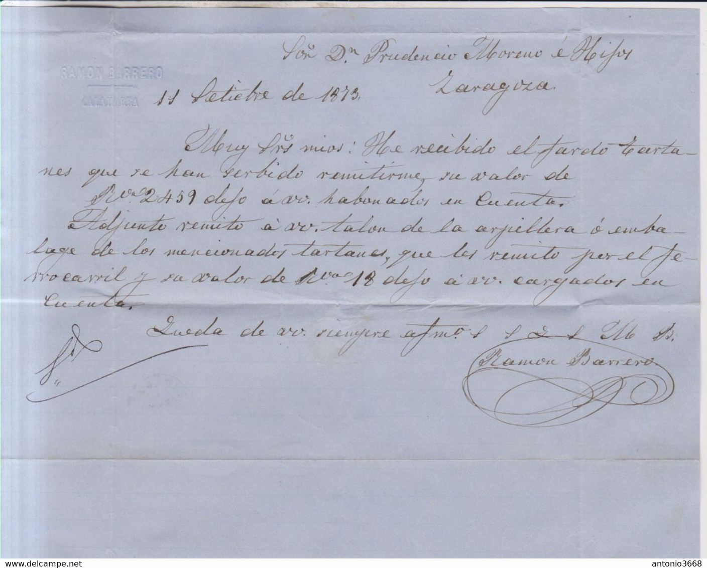 Año 1873 Edifil 133 10c Alegoria Carta Matasellos Rombo Calahorra Logroño Membrete Ramon Barrero - Cartas & Documentos