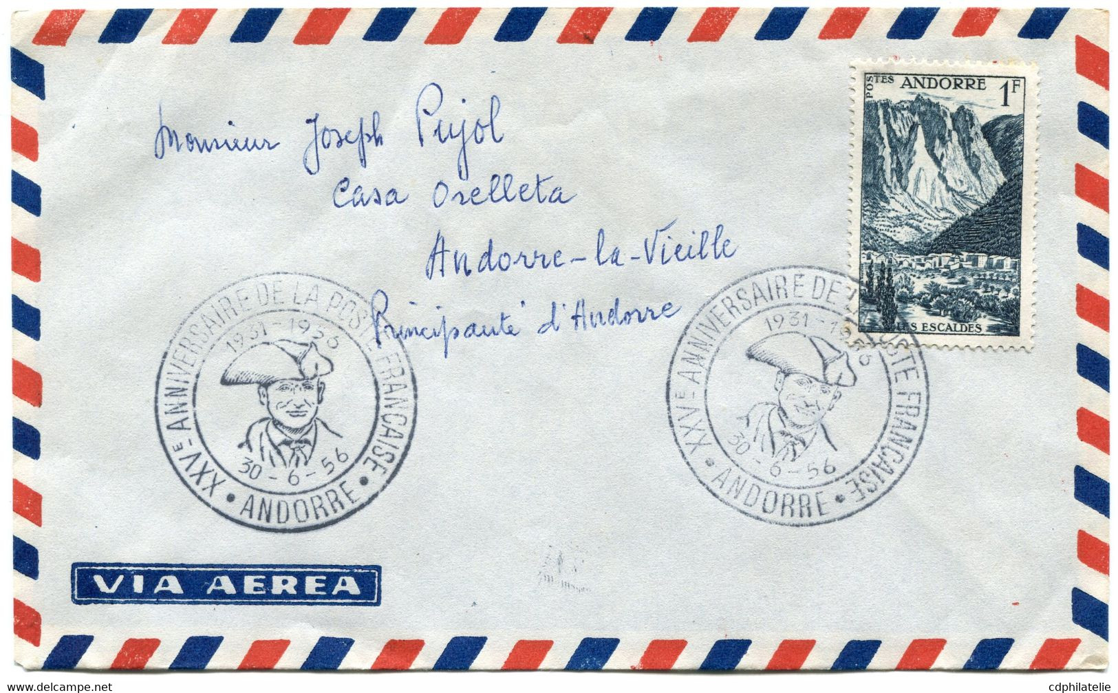 ANDORRE FRANCAIS LETTRE PAR AVION AVEC CACHET ILLUSTRE XXVe ANNIVERSAIRE DE LA POSTE FRANCAISE 1931-1956 30-6-56 ANDORRE - Cartas & Documentos