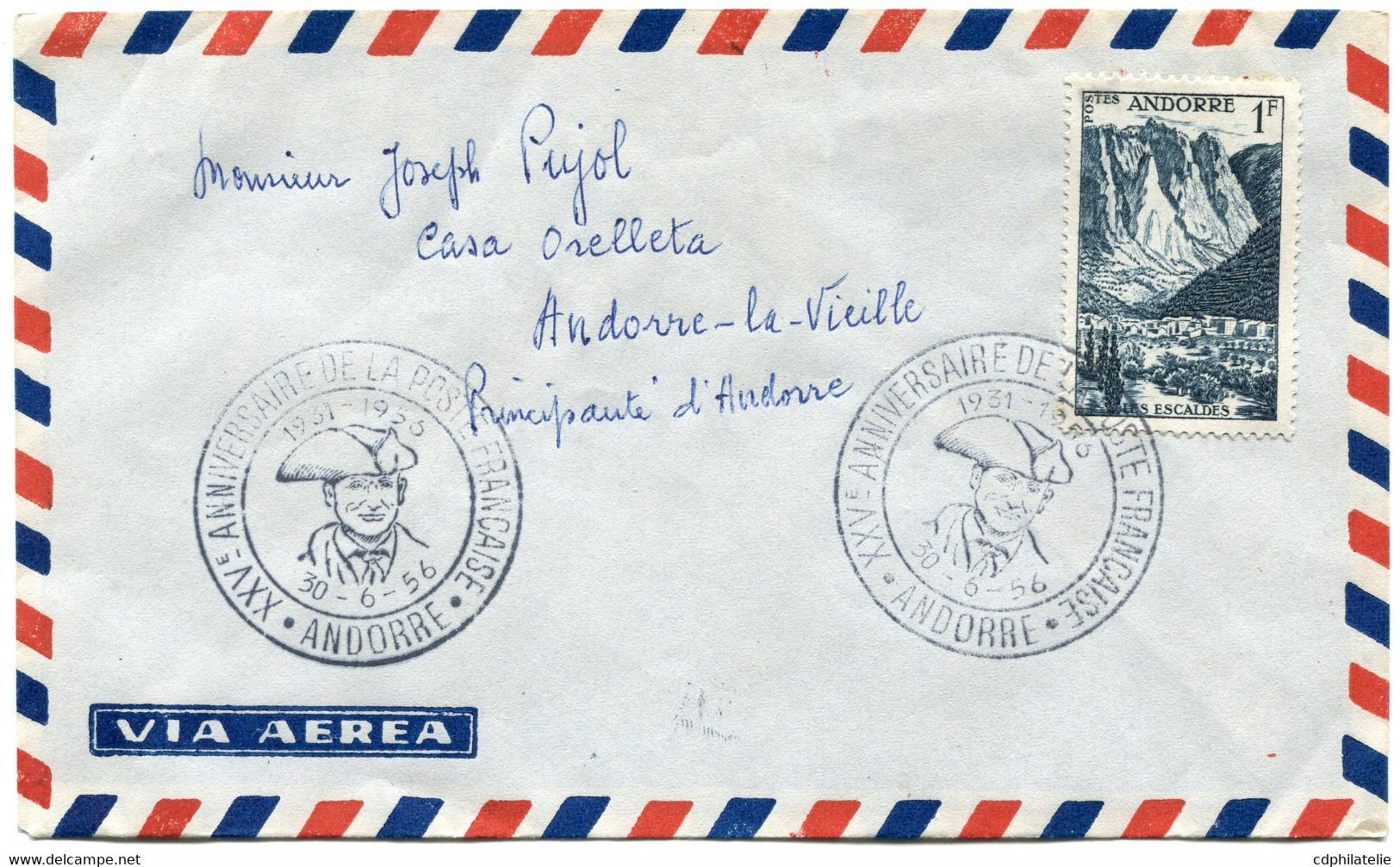 ANDORRE FRANCAIS LETTRE PAR AVION AVEC CACHET ILLUSTRE XXVe ANNIVERSAIRE DE LA POSTE FRANCAISE 1931-1956 30-6-56 ANDORRE - Lettres & Documents