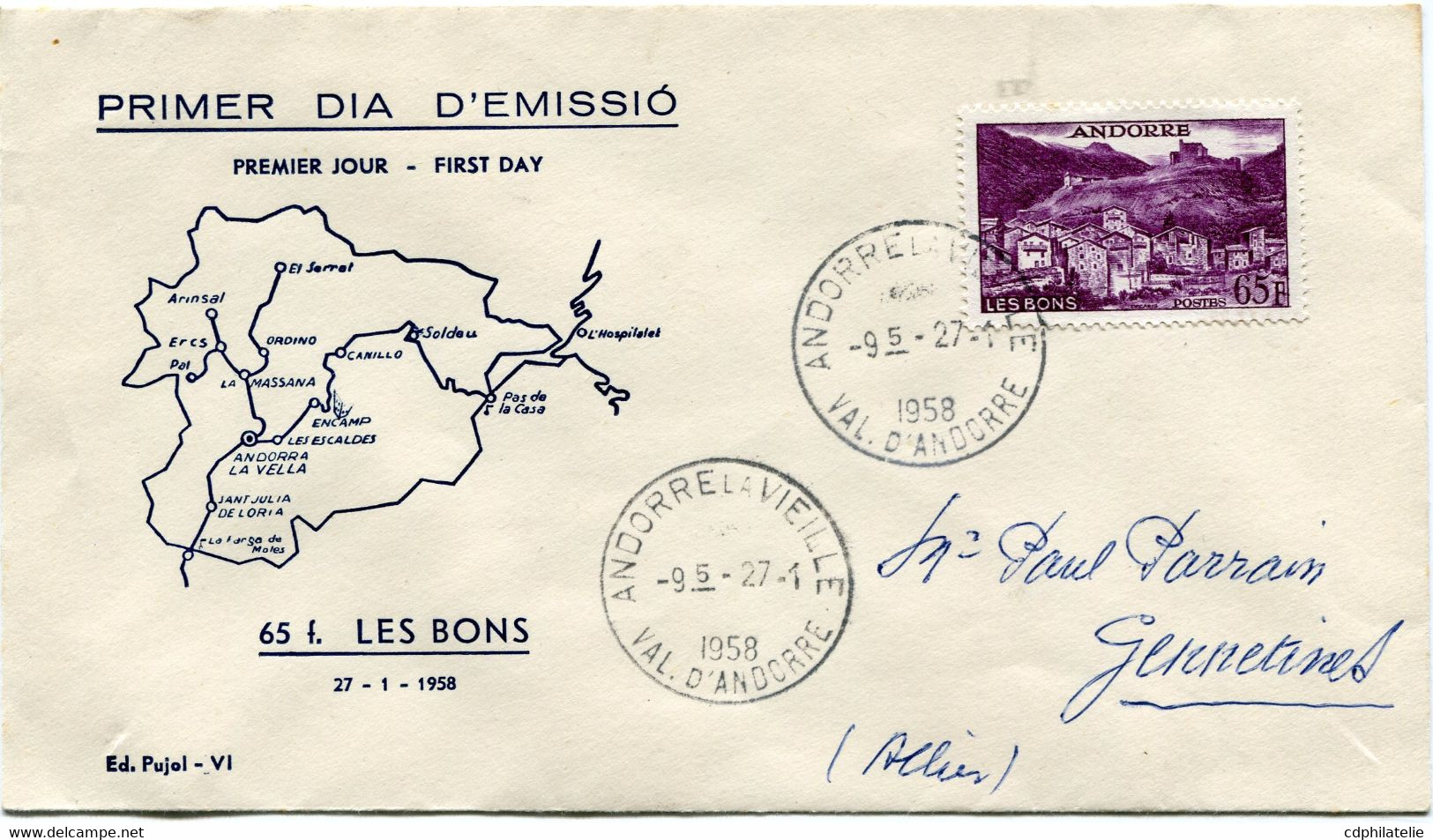 ANDORRE FRANCAIS ENVELOPPE 1er JOUR D'EMISSION DEPART ANDORRE-LA-VIEILLE 27-1-1958 VAL. D'ANDORRE POUR LA FRANCE - Lettres & Documents