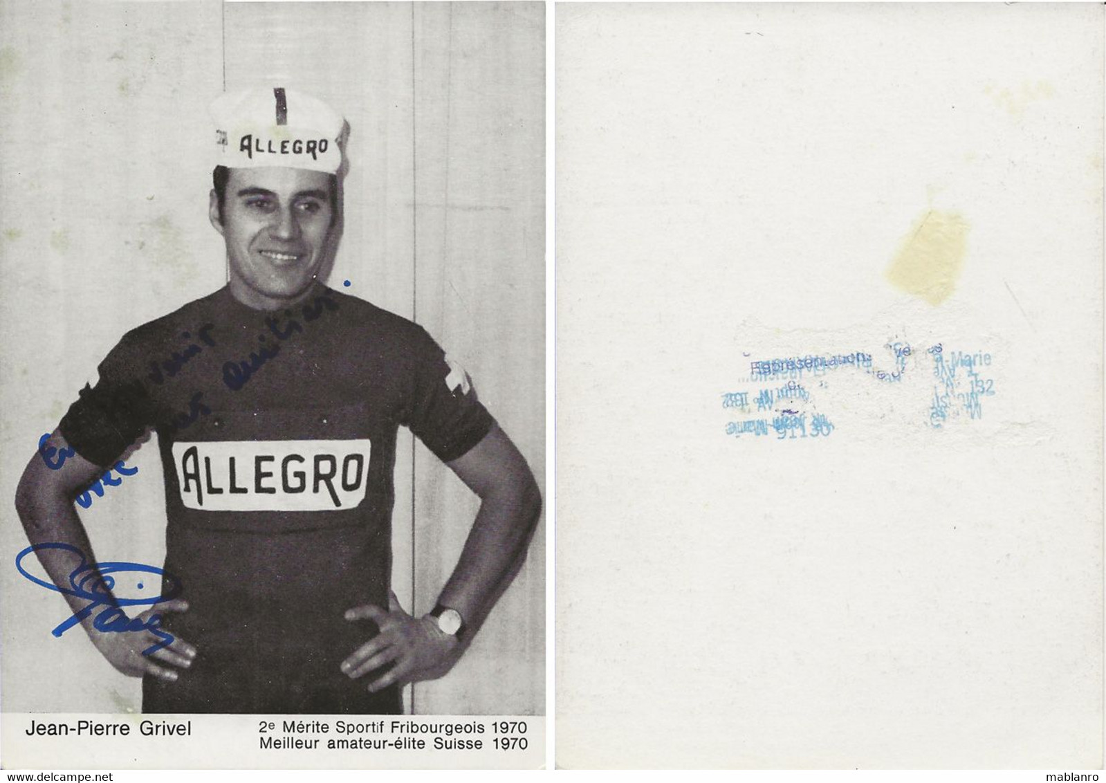 CARTE CYCLISME JEAN PIERRE GRIVEL SIGNEE TEAM ALLEGRO 1971 - Radsport