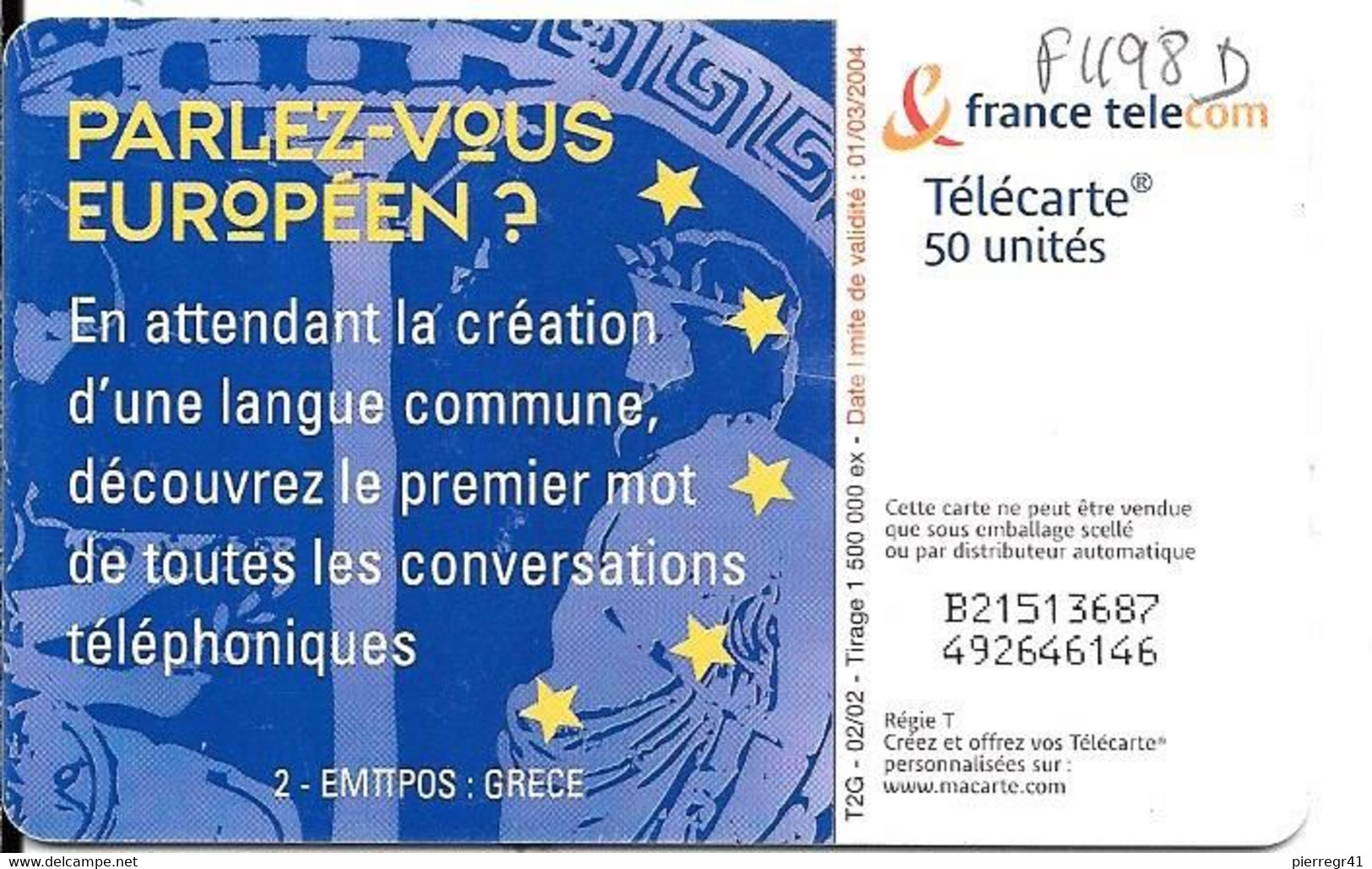 TC-PUBLIC-F1198D-50U-GEM2-02/02-PARLEZ VOUS EUROPEENS-GRECE-UTILISE-TBE- - 2002