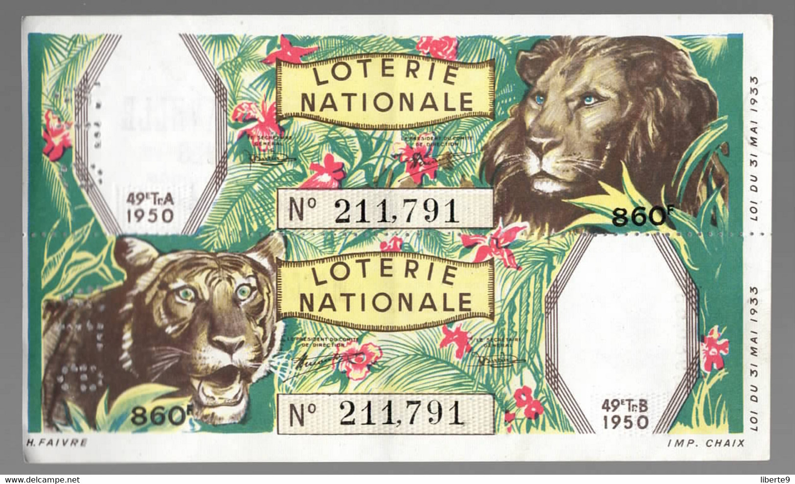 LOTERIE NATIONALE 1950  VENDUE À CONSTANTINE ALGERIE 2scans LION TIGRE - Lotterielose