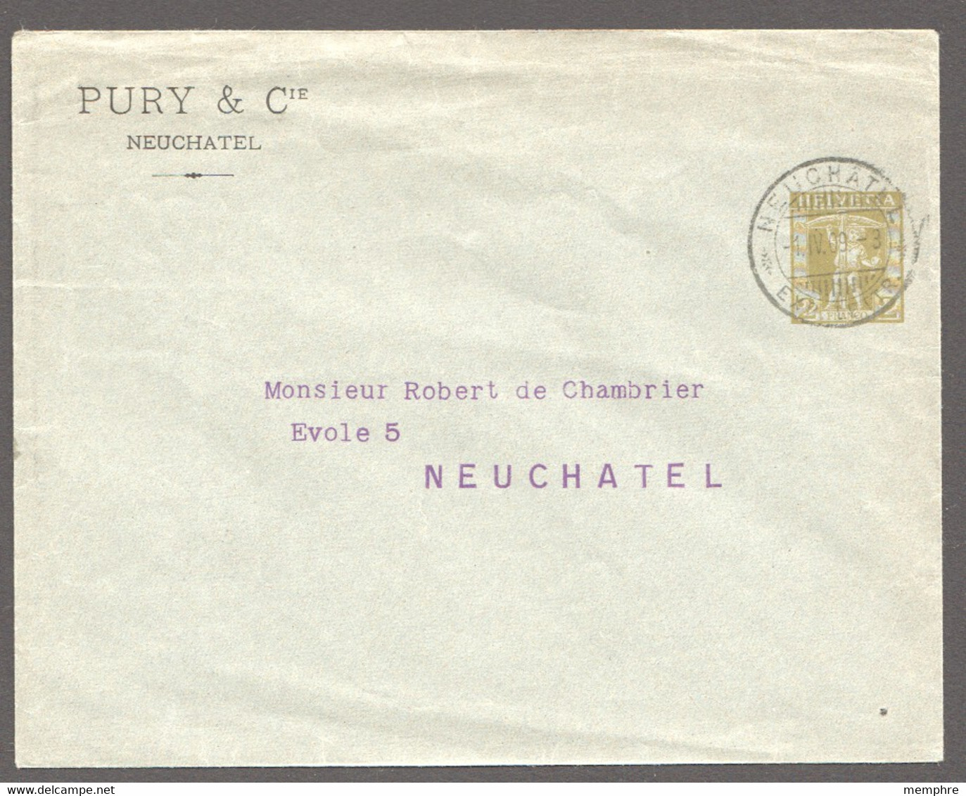 1909  Enveloppe De Pury & Cie - Fils De Tell Encadré  2 Rp - Postwaardestukken