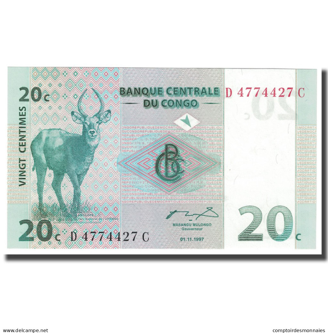Billet, Congo Democratic Republic, 20 Centimes, 1997, 1997-11-01, KM:83a, NEUF - République Démocratique Du Congo & Zaïre