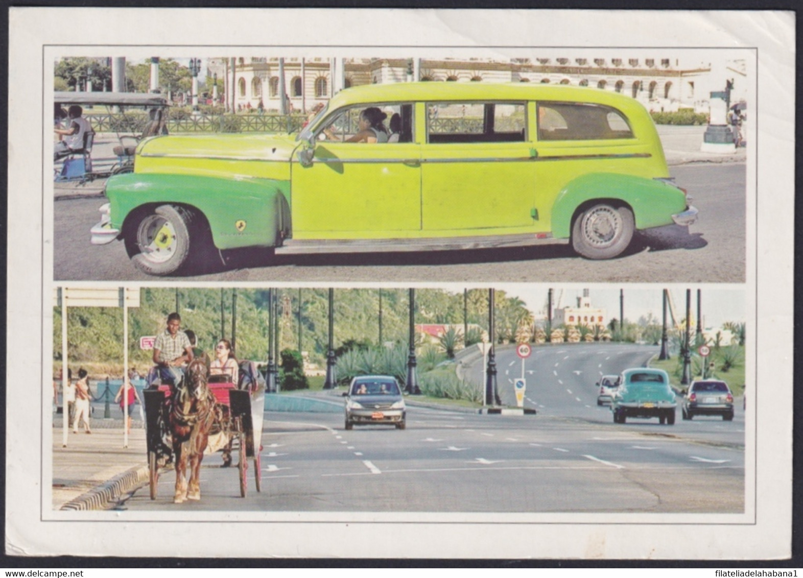 2013-EP-198 CUBA 2013 POSTAL STATIONERY USED TO US OLD CAR AUTOMOVILE 2014 HORSE CARD. - Usados