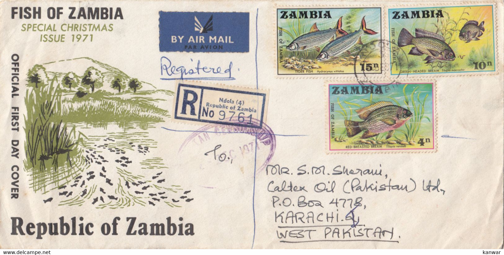 1971 Zambia To Pakistan Cover With Fish Stamps Marine Life Faunna. - Pesci