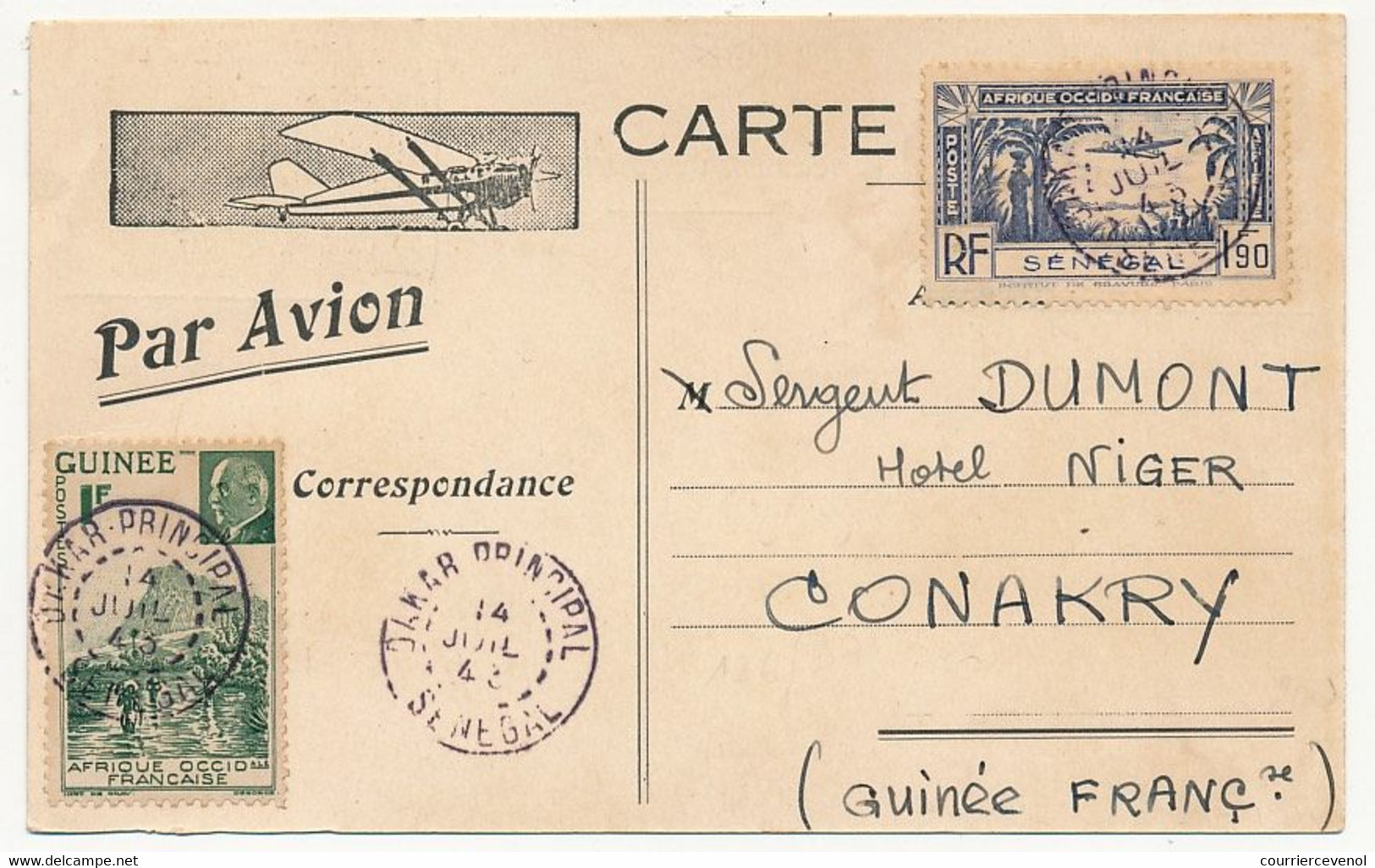 AOF - Sénégal - Carte Postale "Par Avion" Affr TP AOF Sénégal Et AOF Guinée - Obl Dakar Principal 14 Juillet 1943 - Luchtpost