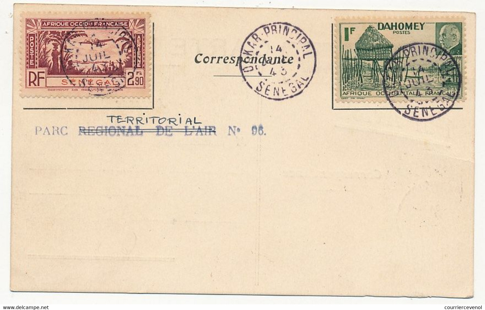 AOF - Sénégal - Carte Postale "Par Avion" Affr TP AOF Sénégal Et AOF Guinée - Obl Dakar Principal 14 Juillet 1943 - Poste Aérienne