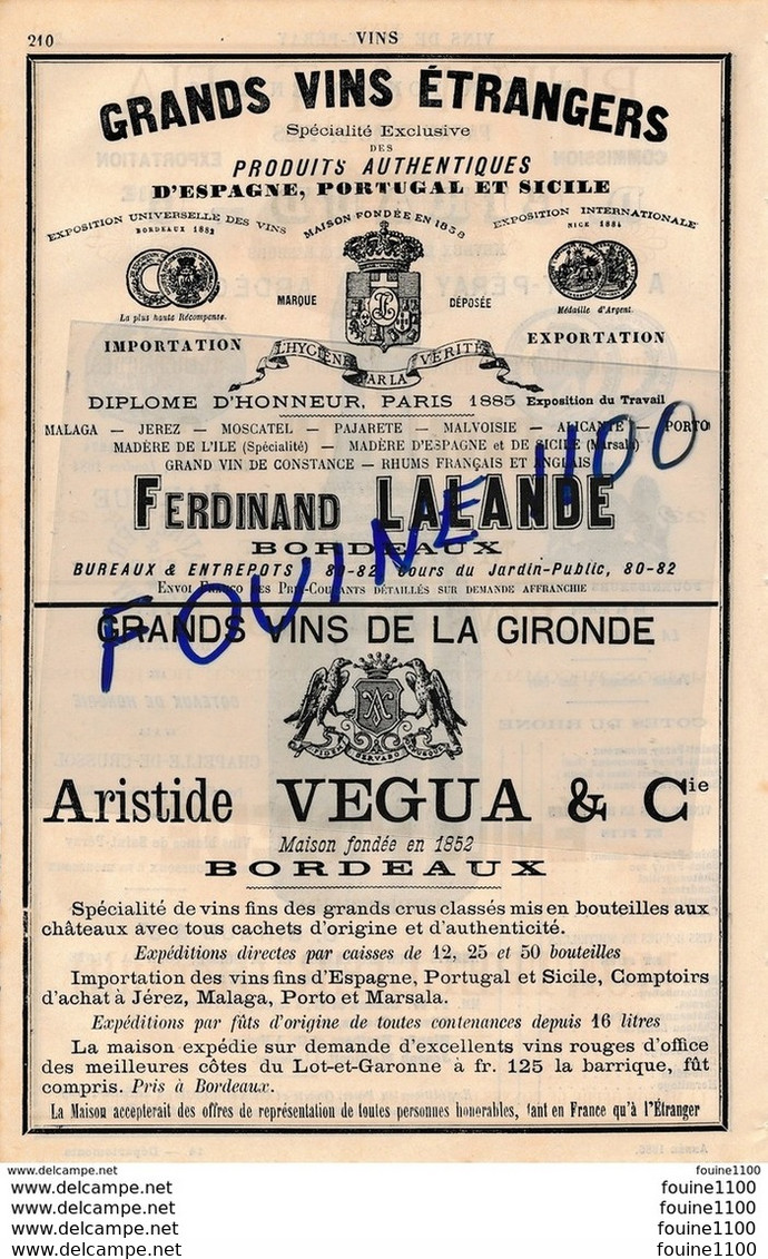 Grands Vins étranger Ferdinand Lalande BORDEAUX Vins Aristide Vegua & Cie BORDEAUX Vins Giraud SAINT PERAY - Publicités