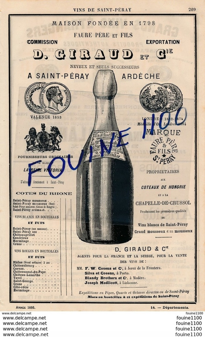 Grands Vins étranger Ferdinand Lalande BORDEAUX Vins Aristide Vegua & Cie BORDEAUX Vins Giraud SAINT PERAY - Publicités