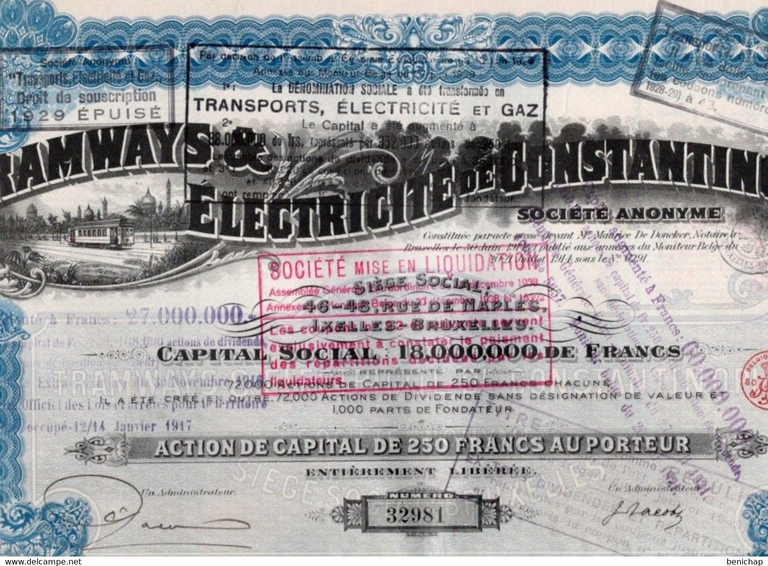 Action De Capital De 250 Frcs Au Porteur - Tramways & Electricité De Constantinople S.A. - Ixelles 1914. - Elektriciteit En Gas