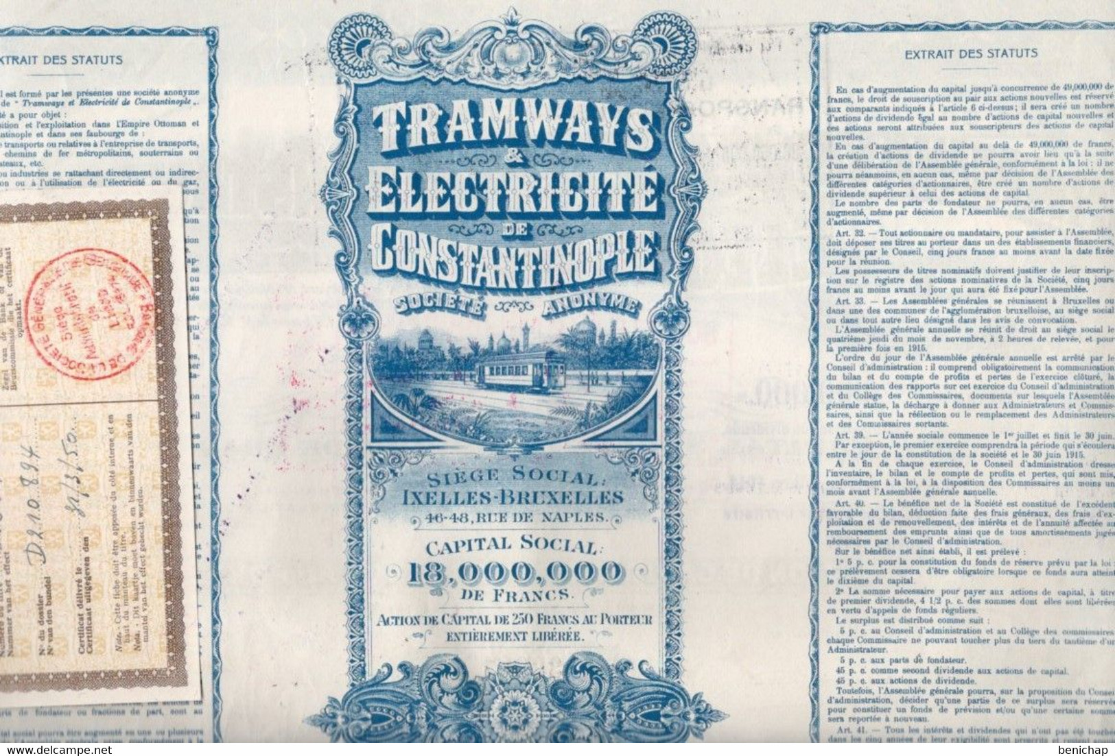 Action De Capital De 250 Frcs Au Porteur - Tramways & Electricité De Constantinople S.A. - Ixelles 1914. - Electricity & Gas