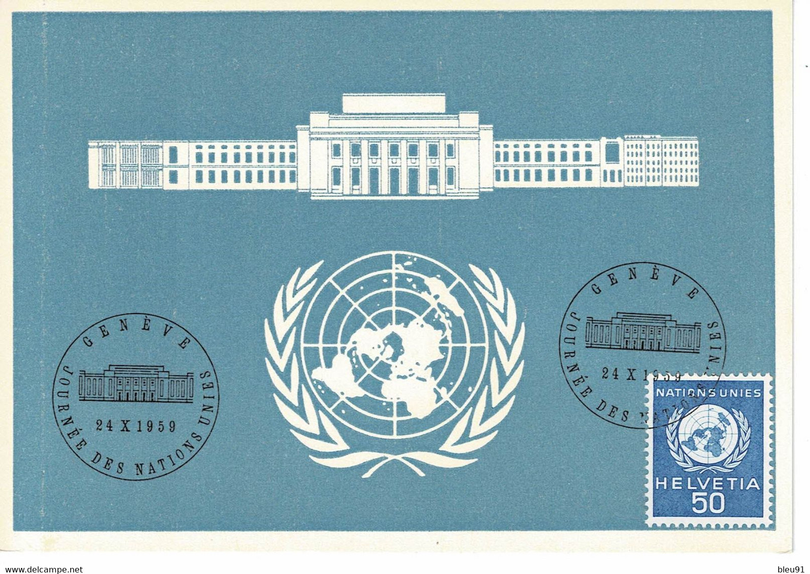 CARTE MAXIMUM SUISSE  GENEVE JOURNEE DES NATIONS UNIES 1959 - Cartoline Maximum