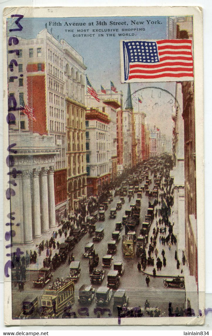 - New York - Fifth Avenue, Drapeau Américain, Flag, Cachet Madison Square, épaisse, écrite, 1921, Scans. - Altri Monumenti, Edifici