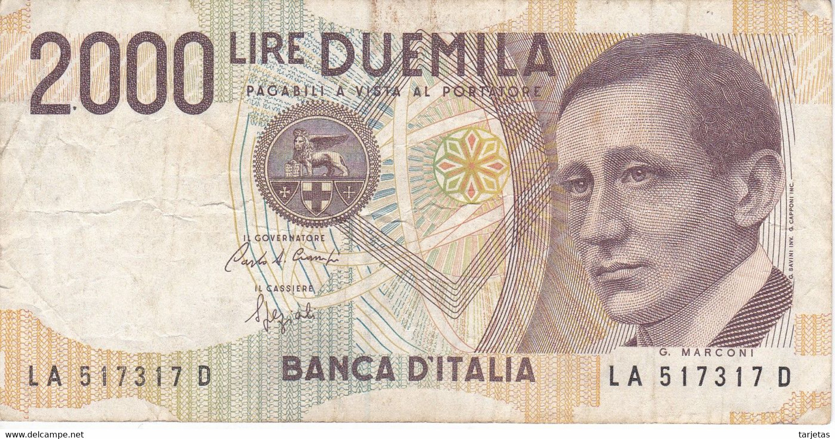 BILLETE DE ITALIA DE 2000 LIRAS DEL AÑO 1990  MARCONI  (BANKNOTE) - 2.000 Lire