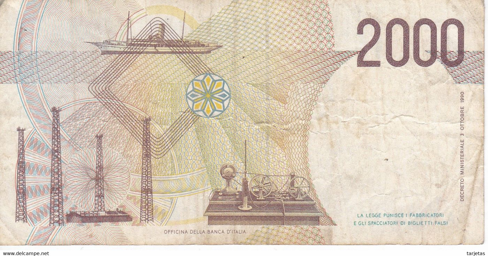 BILLETE DE ITALIA DE 2000 LIRAS DEL AÑO 1990  MARCONI  (BANKNOTE) - 2.000 Lire
