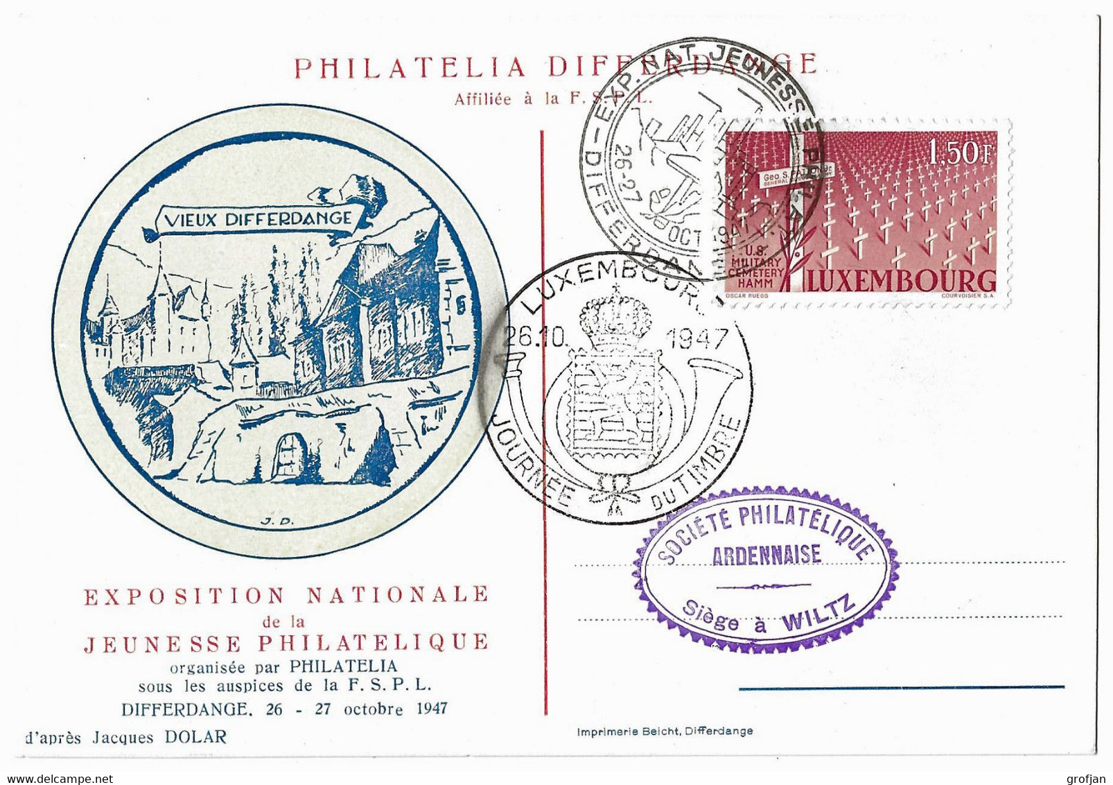 Carte Philatelia Differdange Journée Du Timbre 1947 - Maschinenstempel (EMA)