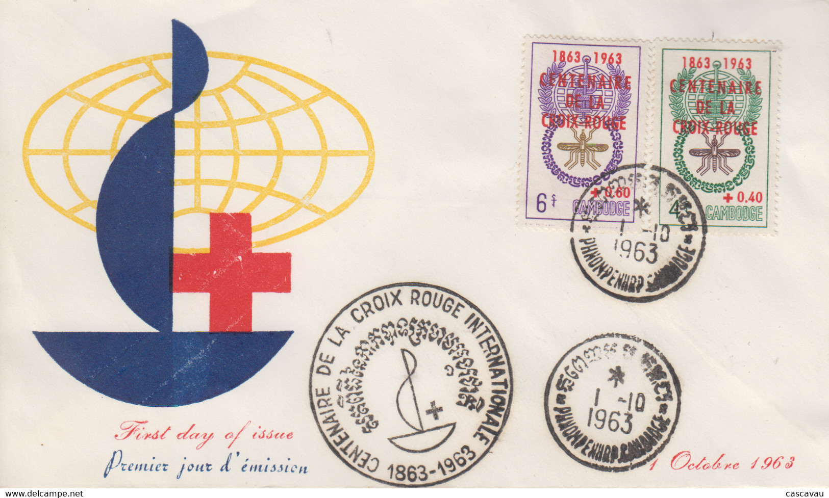 Enveloppe  FDC   1er  Jour    CAMBODGE    Centenaire  De  La  CROIX  ROUGE    1963 - Cambogia