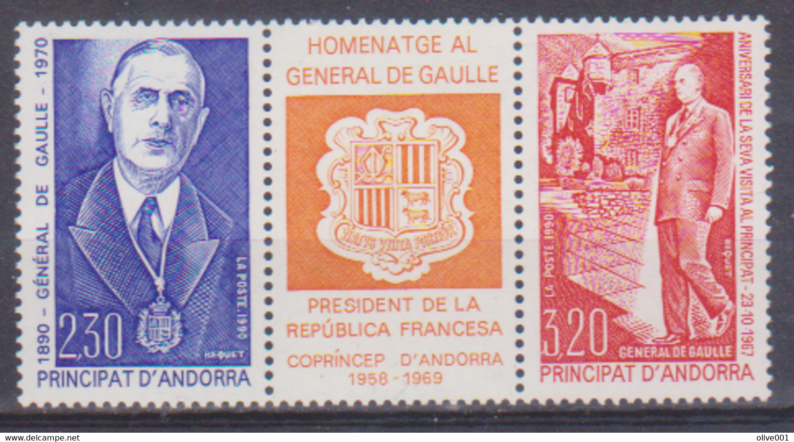 Triptyque  D'Andorre Française De 1972 Charles De Gaulle 3 TP  MNH ** - Autres & Non Classés