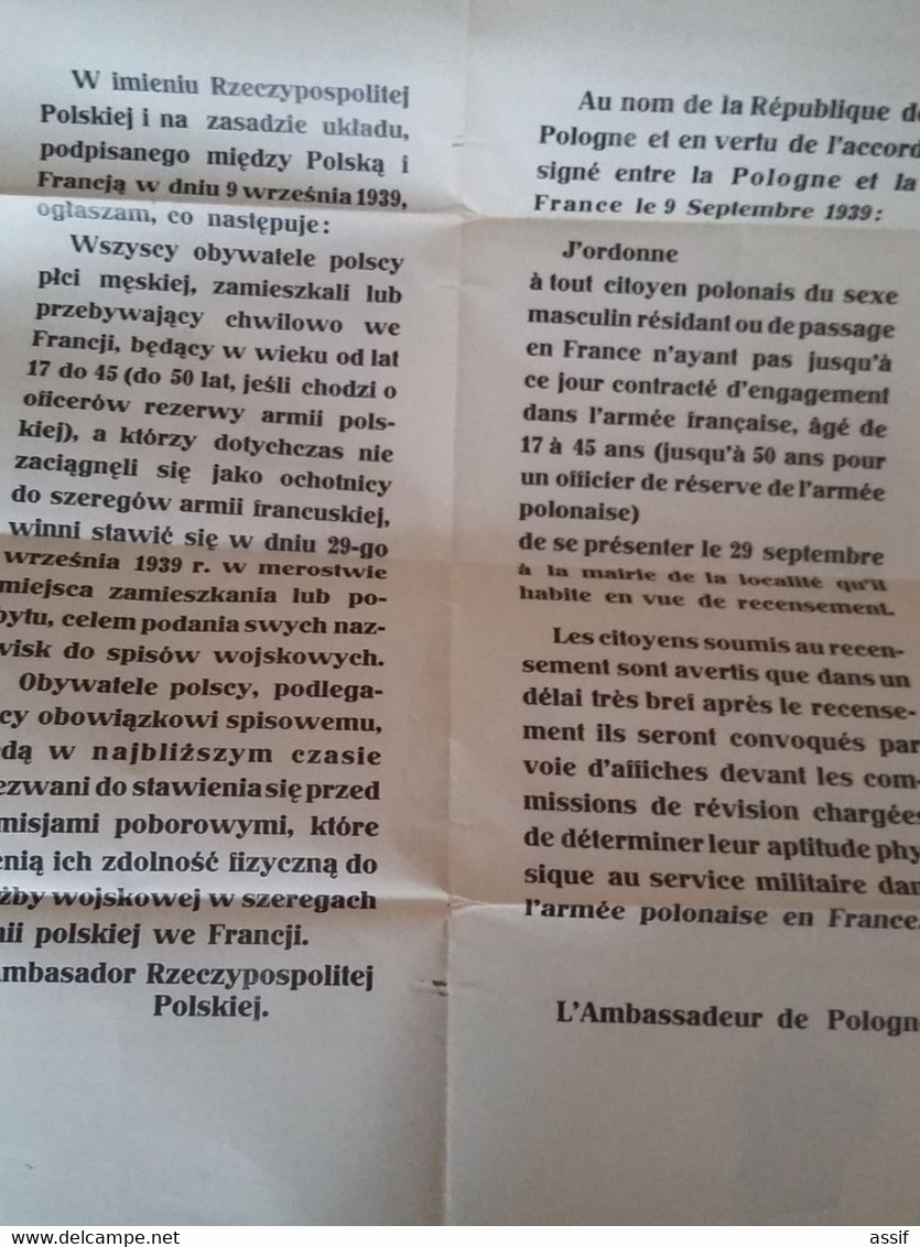 WW2  Deux  Affiches  Octobre 1939 Ambassade Pologne France Paris Recensement Polonais Armée - Documents Historiques