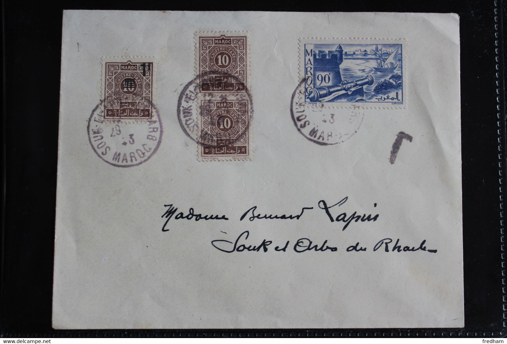 1943 MAROC LSC CAD SOUK EL ARBA DU RHARB DU 29/04/1943  TAXEE Y&T NO TA29 10C BRUN TA47 1f Sur 10C BRUN SURCHARGE - Storia Postale