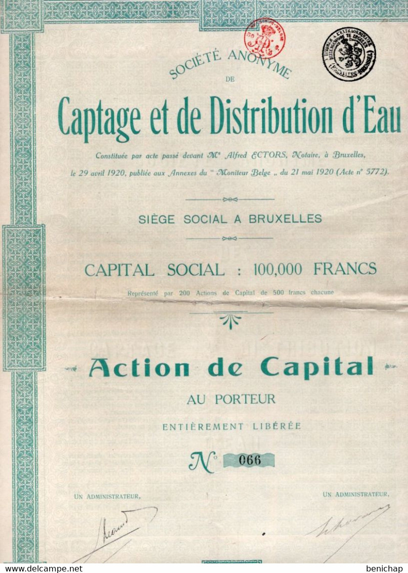 Action De Capital Au Porteur - S.A. Captage Et De Distribution D'Eau - Bruxelles 1920 - Acqua