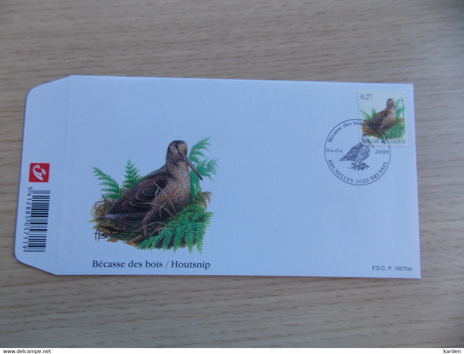 First Day Cover 2009 België Bécasse Des Bois / Houtsnip    FDC P 1657 Bis - 2001-2010