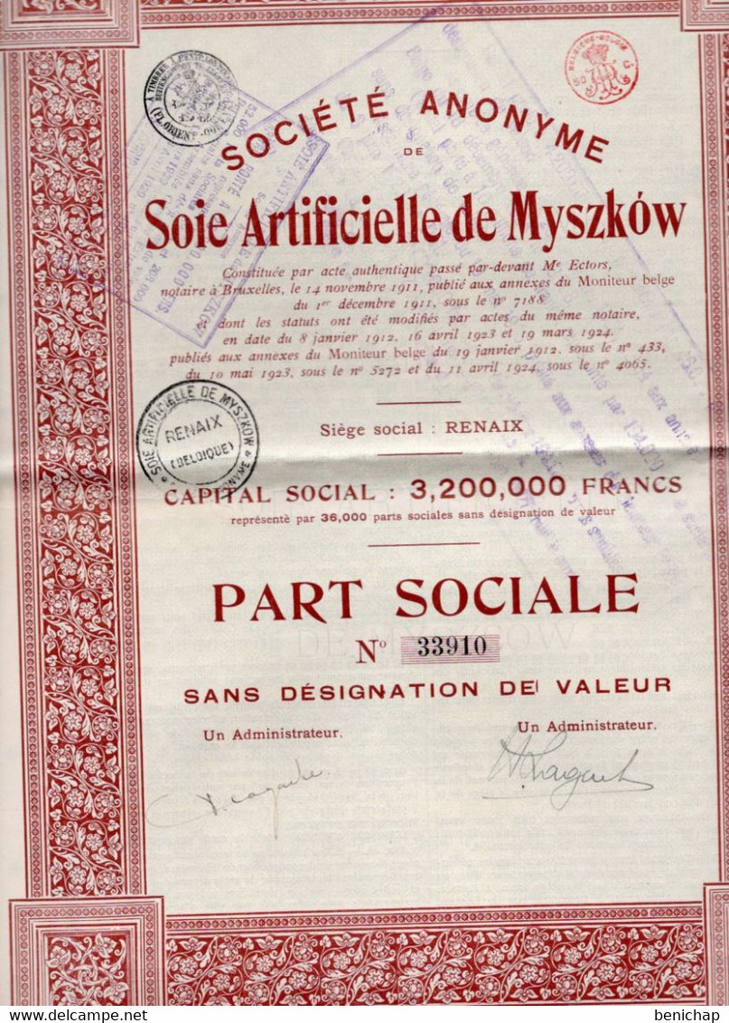 Part Sociale Sans Désignation De Valeur - S.A. Soie Artificielle De Myszkow - Renaix 1924. - Textiel