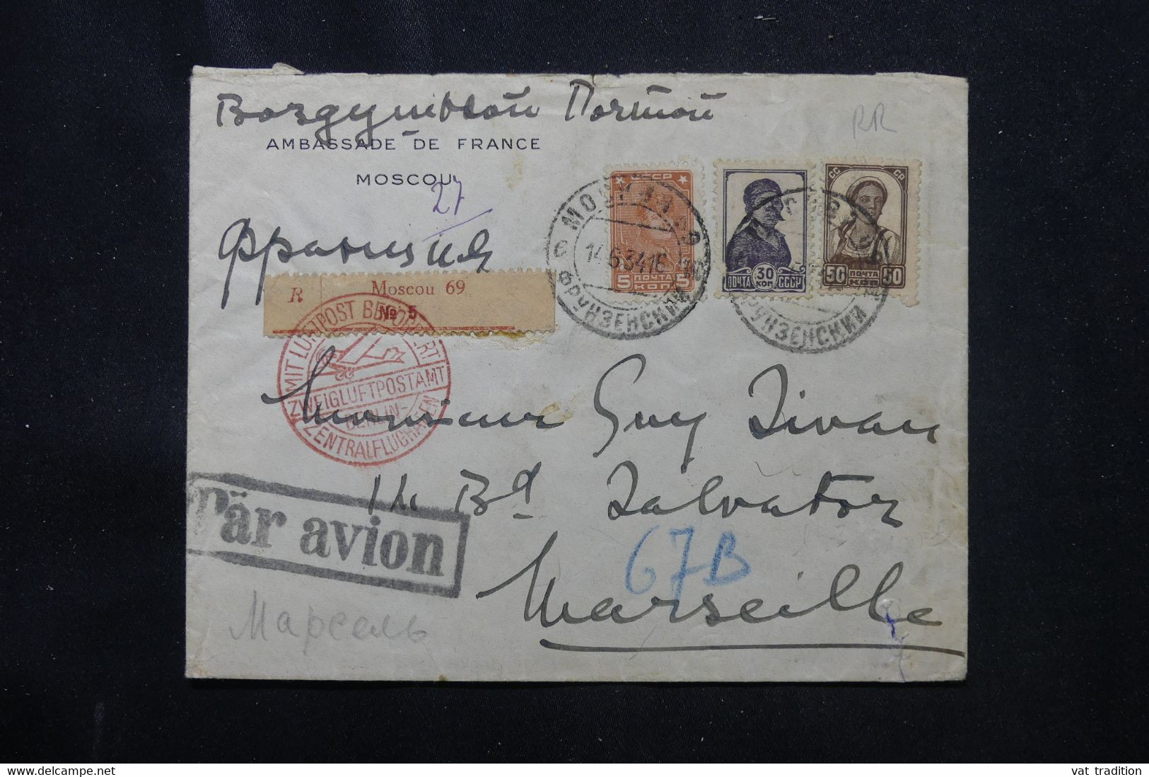 U.R.S.S. - Enveloppe De L 'Ambassade De France En Recommandé De Moscou Pour Marseille Via Berlin En 1934 - L 76139 - Storia Postale