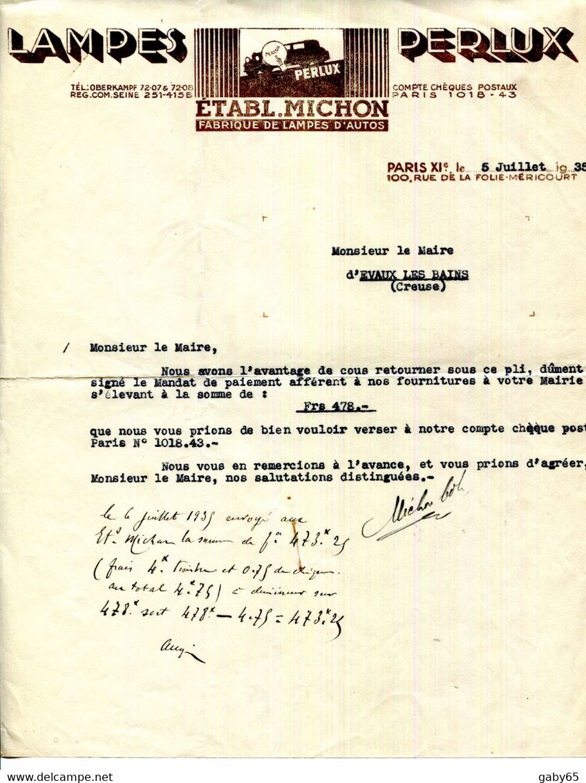 PARIS.FABRIQUE DE LAMPES D'AUTOS.Ets.MICHON.LAMPES PERLUX 100 RUE DE LA FOLIE MERICOURT - Elektriciteit En Gas