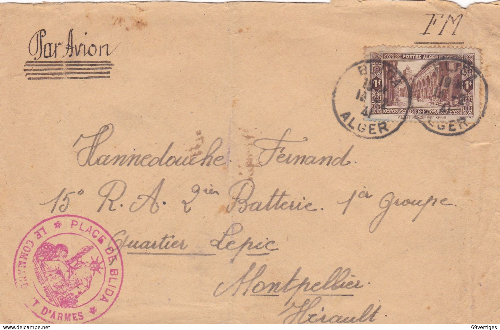 BLIDA, 1941, Sur Enveloppe Commandant D'armes Place De Blida - Otros & Sin Clasificación