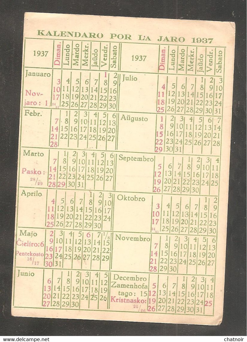 C P   Calendrier    1937 - Esperánto