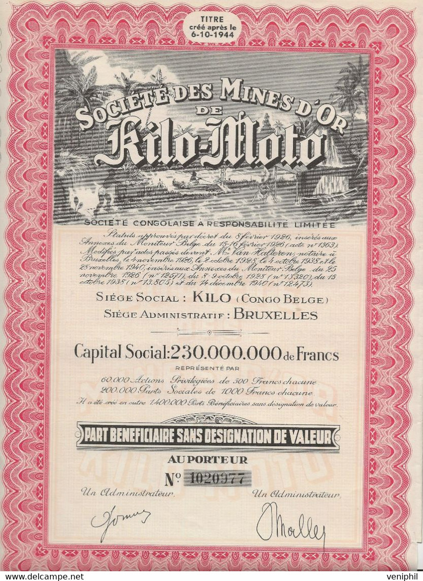 PART BENEFICIAIRE - SOCIETE DES MINES D'OR DE KILO - MOTO - ANNEE 1926 - Miniere