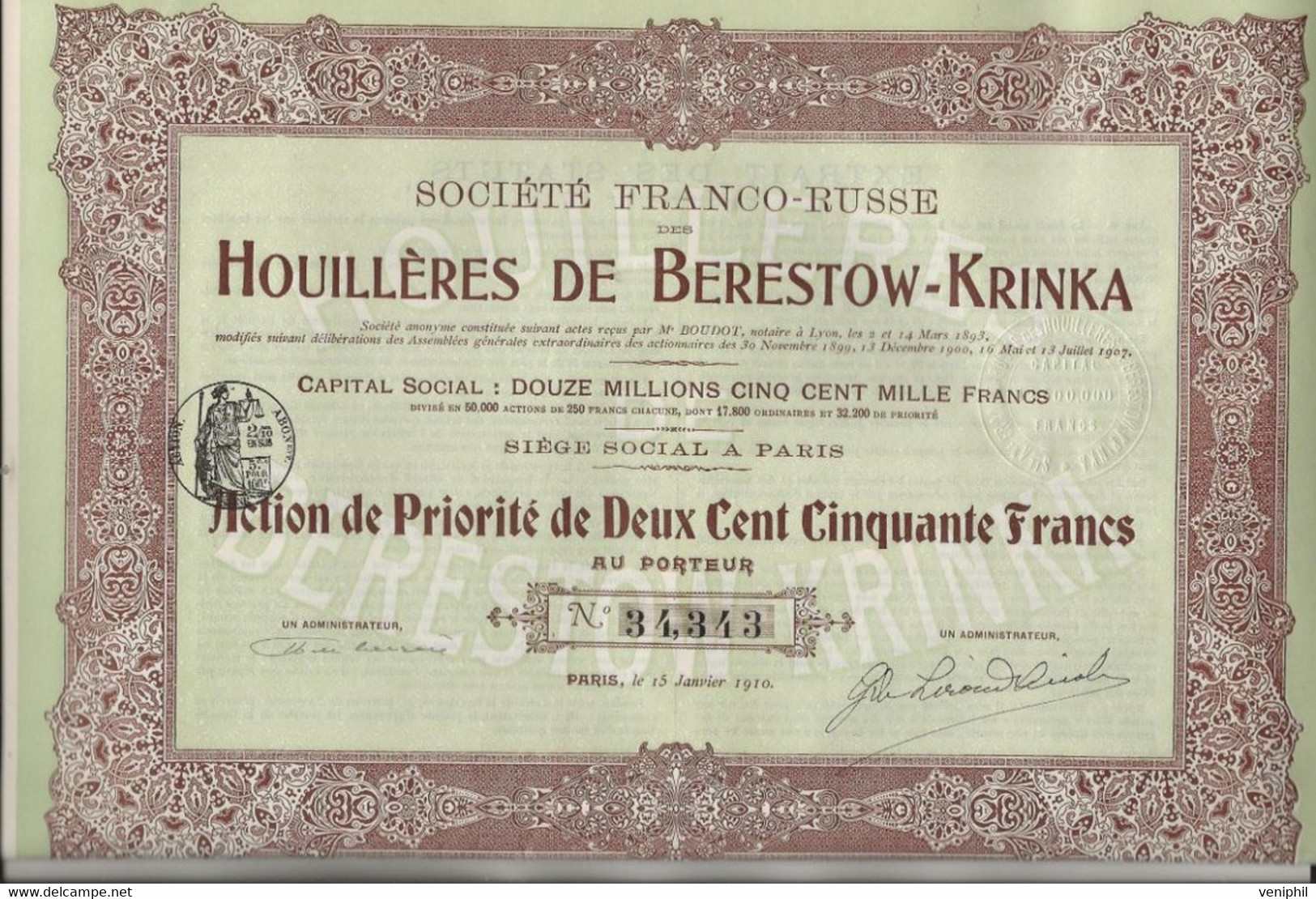 SOCIETE FRANCO -RUSSE DES HOUILLERES DE BERESTOW - KRINKA - LOT DE 3 ACTIONS DE PRIORITE DE 250 FRS -ANNEE 1910 - Mijnen