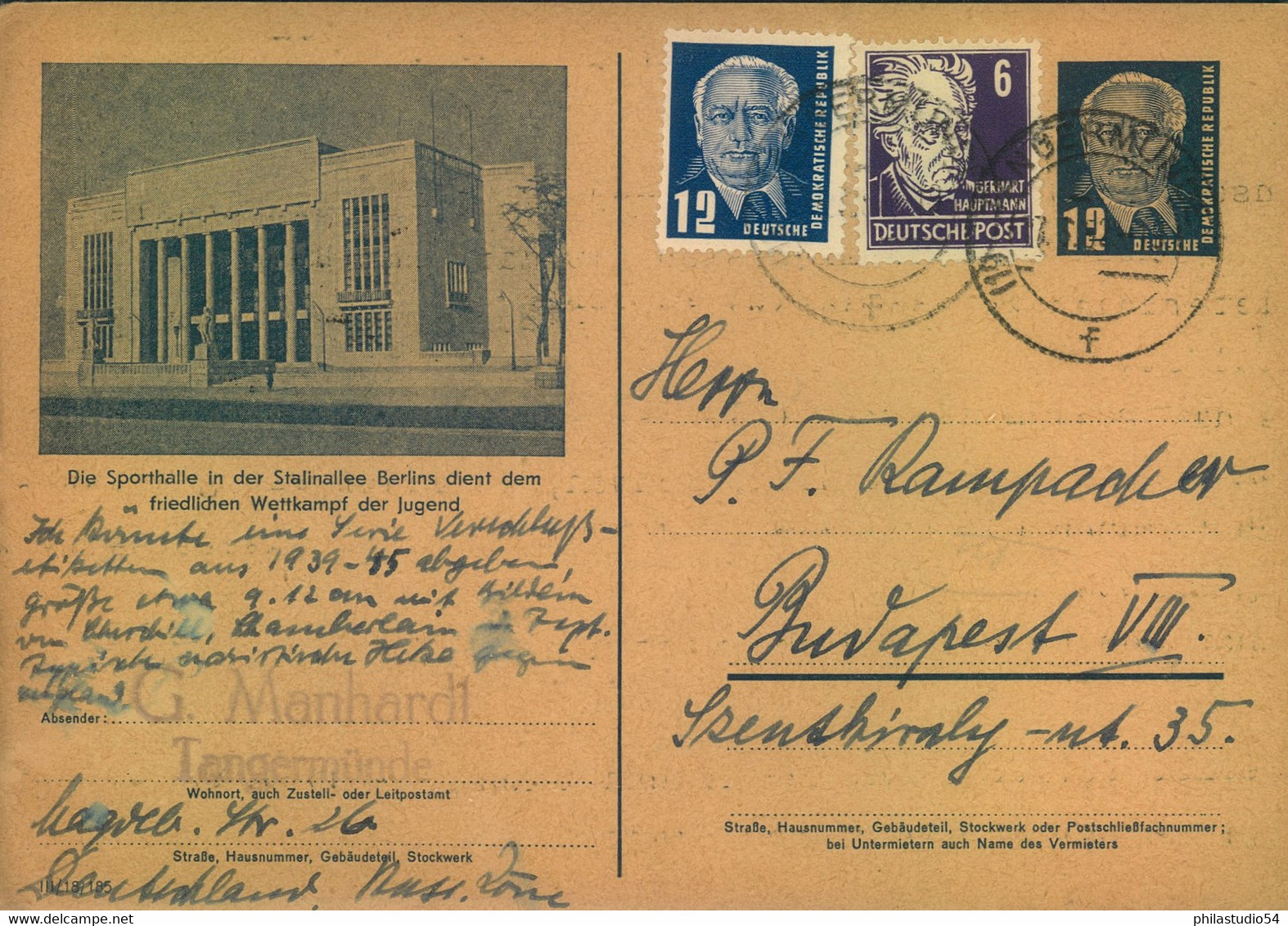 1952, 12 Pfg. Bildganzsache Mit Zusatz Ab TANGERMÜNDE Nach Budapest - Storia Postale
