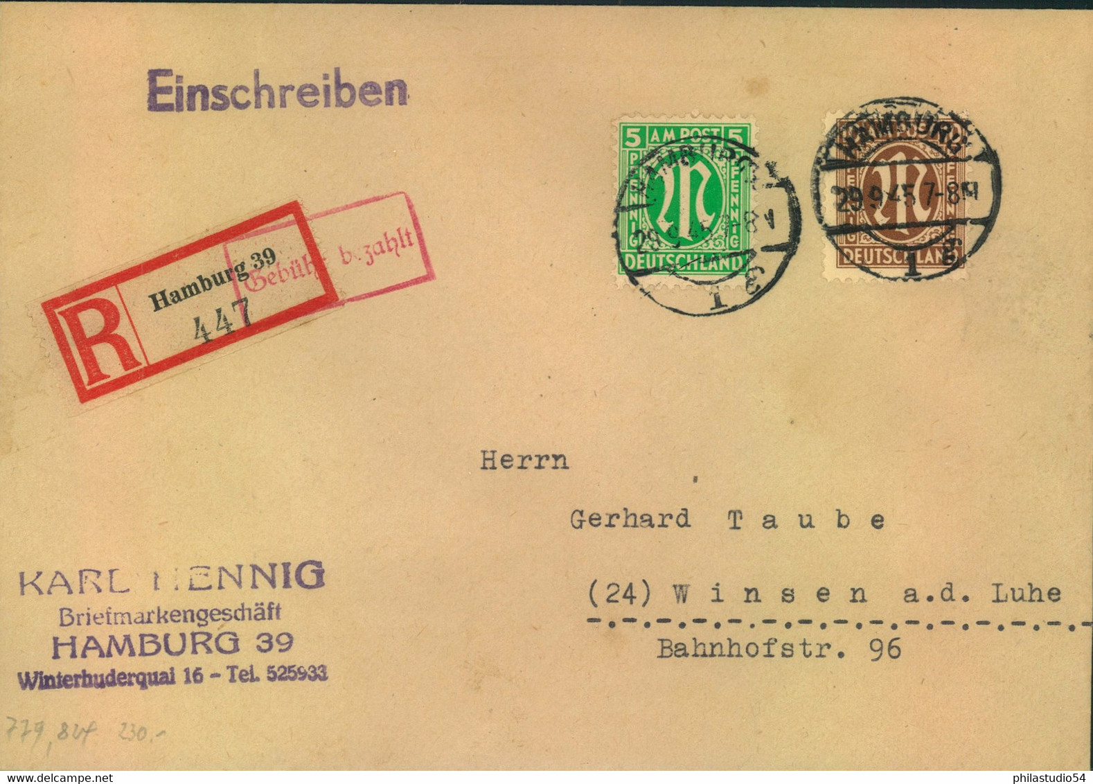 1945, Einschreiben Ab "HAMBURG 29.9.45" Mit R-Zettel Als 30 Pfg. Einschreibgebühr Mit AM-Post - Sonstige & Ohne Zuordnung