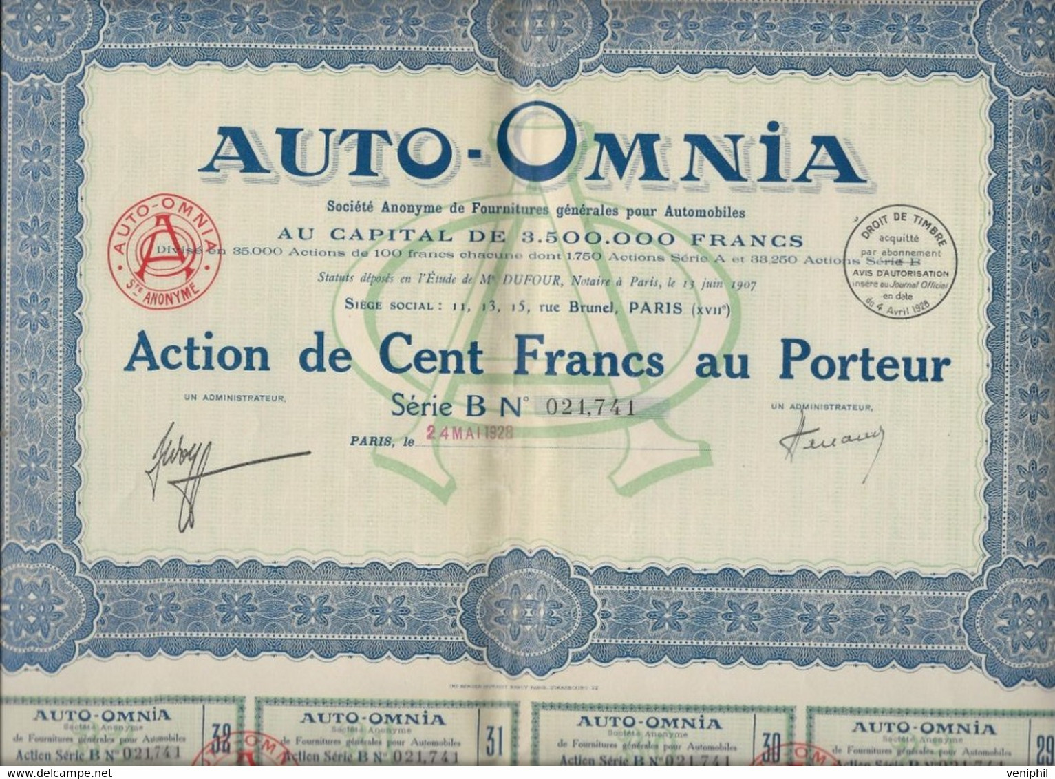AUTO -OMNIA - 2 ACTIONS DE CENT FRANCS - ANNEE 1928 - Automobile
