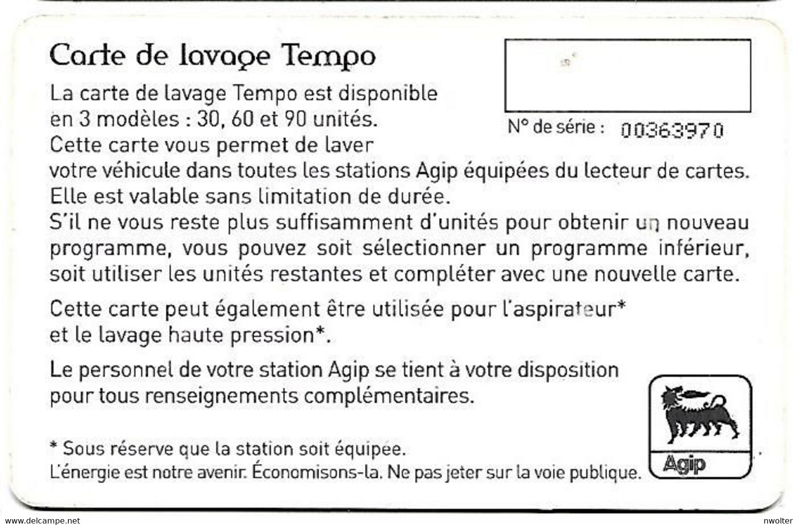 @+ Carte De Lavage AGIP - Tempo 90 UNITES - France - Car Wash Cards